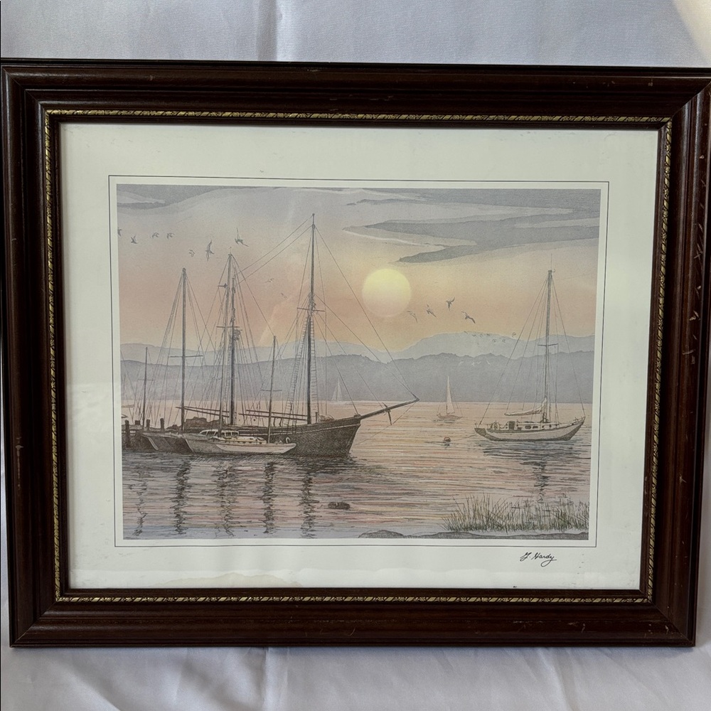 Artist G. Hardy Signed "Sailboats at Sunset Print"